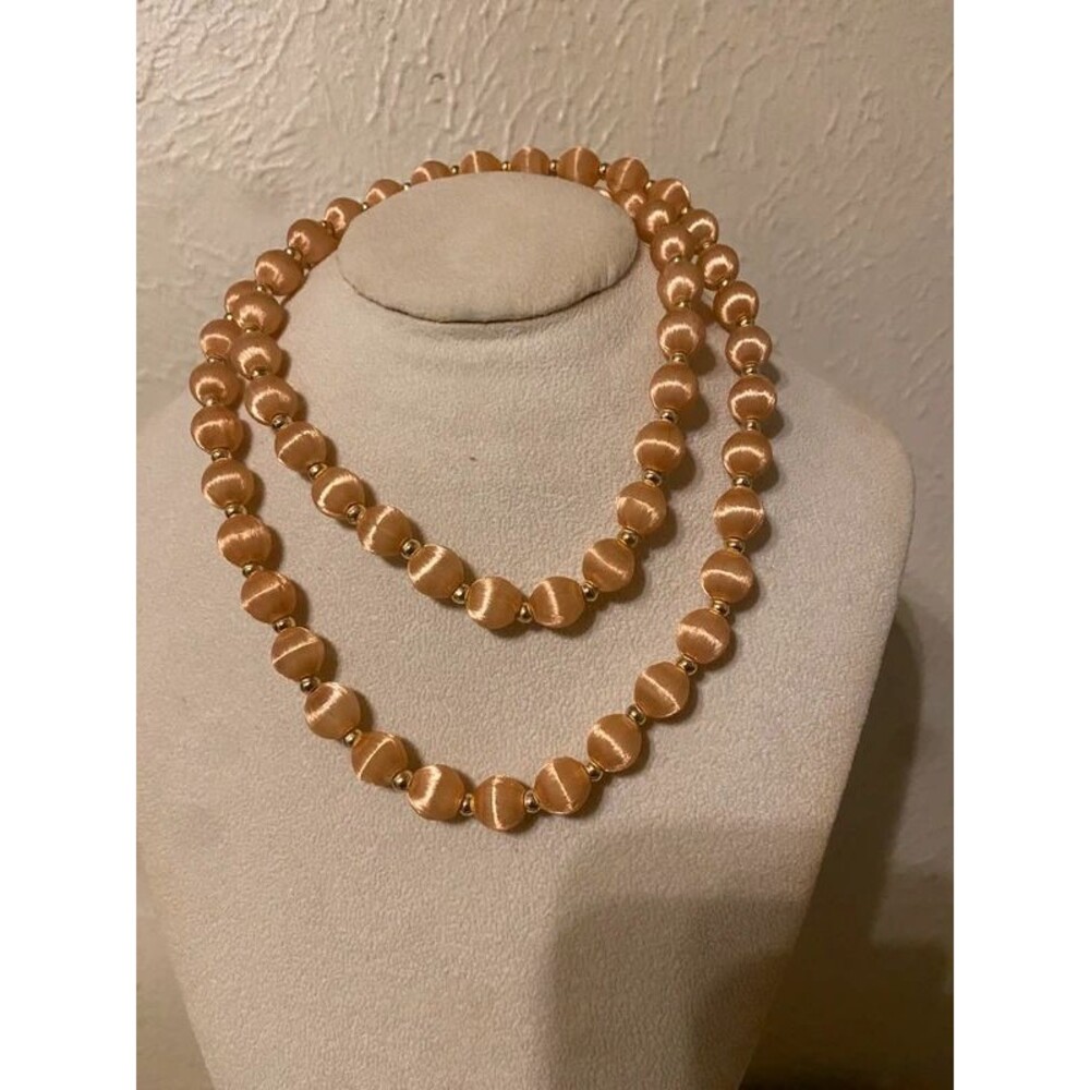 Vintage 1960s Peach Spun Satin Silk Thread Bead Necklace with Gold Accents